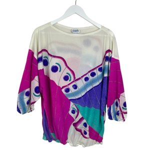 Vintage Rare SANDCASTLE Women M Colorful Patterned Blouse Light Elastic Hem Cuff